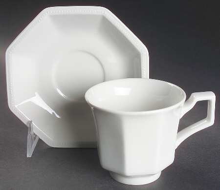 Heritage White ("England 1883"Stamp, Made In China) Footed Cup & Saucer Set