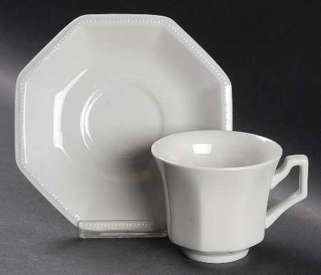 Heritage White ("England 1883"Stamp, Made In China) Footed Cup & Saucer Set
