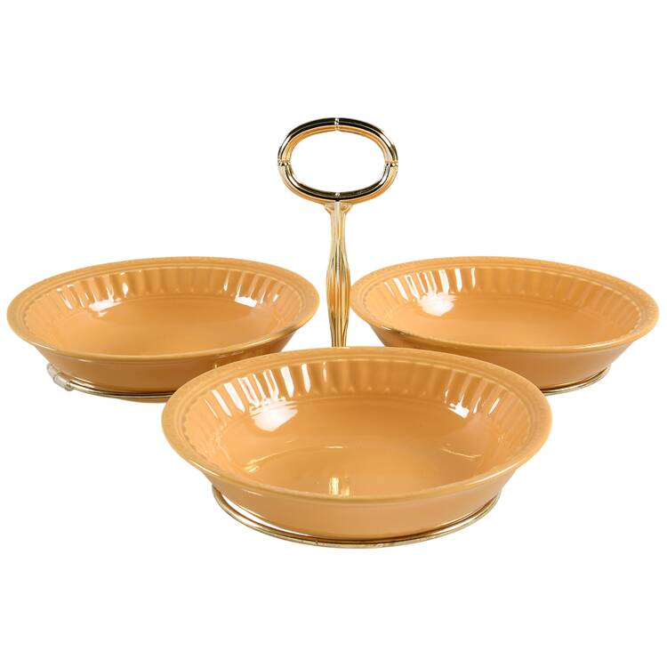 Italiana Dark Yellow 7" x 12" 3-Part Relish & Metal Stand (CERC) HC