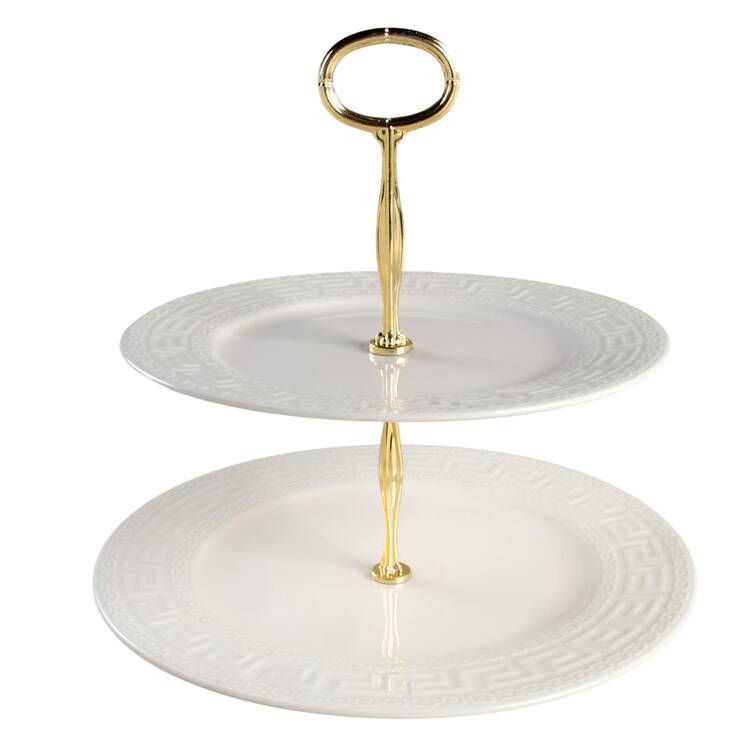 White Greek Key 6 5/8"-10"  2 Tiered Serving Tray (Dp, Sp) HC