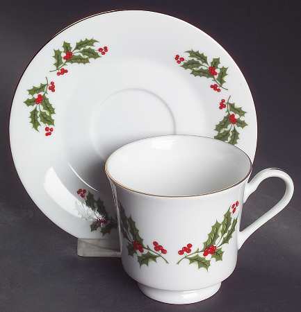 Christmas Holly (Smooth Edge) Footed Cup & Saucer Set