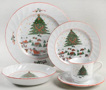 Christmas Pleasure (Scalloped, Red Trim) 5 Piece Place Setting