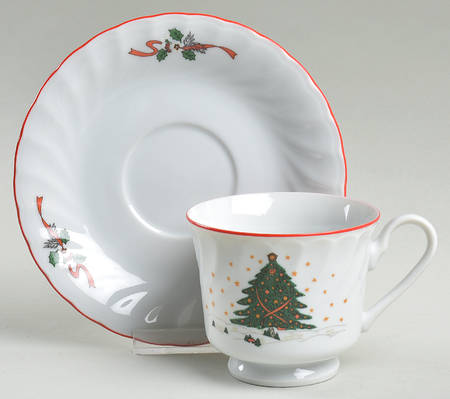 Christmas Pleasure (Scalloped, Red Trim) Footed Cup & Saucer Set