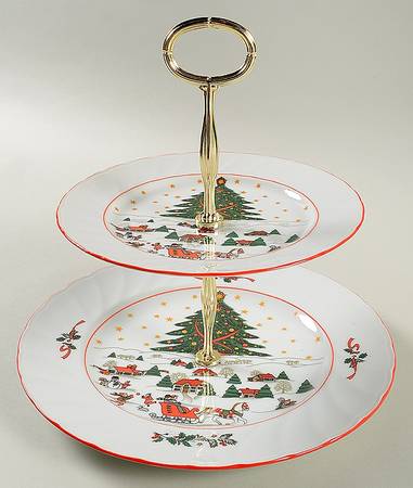 Christmas Pleasure (Scalloped, Red Trim) 2 Tiered Serving Tray (Dinner & Salad Plate)