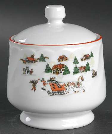 Christmas Pleasure (Scalloped, Red Trim) Sugar Bowl & Lid