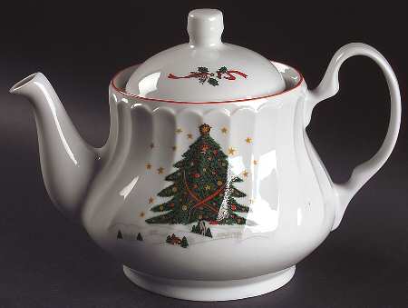 Christmas Pleasure (Scalloped, Red Trim) Teapot & Lid