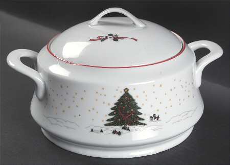 Christmas Pleasure (Scalloped, Red Trim) Round Covered Vegetable