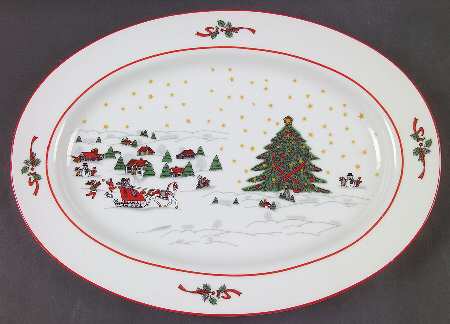 Christmas Pleasure (Scalloped, Red Trim) 13" Oval Serving Platter
