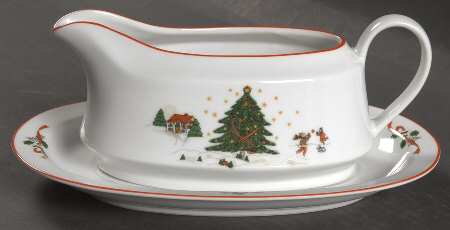 Christmas Pleasure (Scalloped, Red Trim) Gravy Boat & Underplate