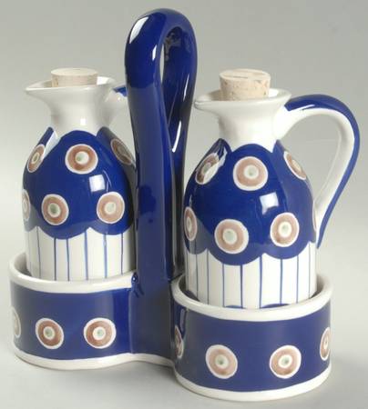 Circle 2 Oil/Vinegar W/Cork Stoppers in Center Hndl Tray by Kent Pottery