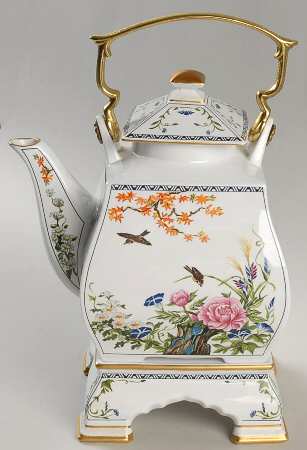 Birds & Flowers of the Orient Tea Pot & Lid with Top Handle & Ceramic Stand