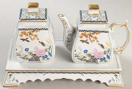 Birds & Flowers of the Orient Creamer & Lid, Sugar & Lid W/Ceramic Stand