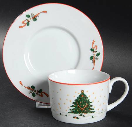Christmas Pleasure (Smooth, Orange Trim) Flat Cup & Saucer Set