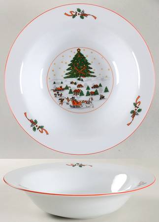 Christmas Pleasure (Smooth, Orange Trim) 9" Round Vegetable Bowl