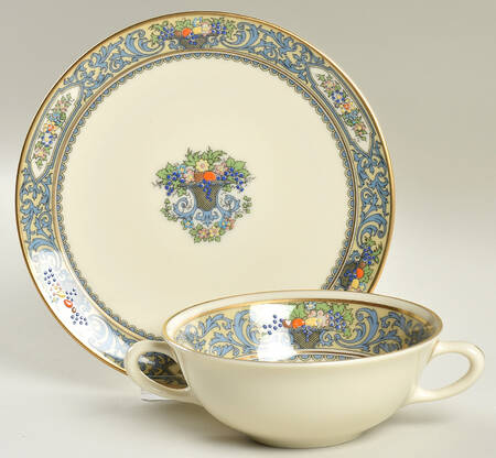 Autumn (Newer, Gold Backstamp) Flat Cream Soup Bowl & Dessert Plate/Saucer Set