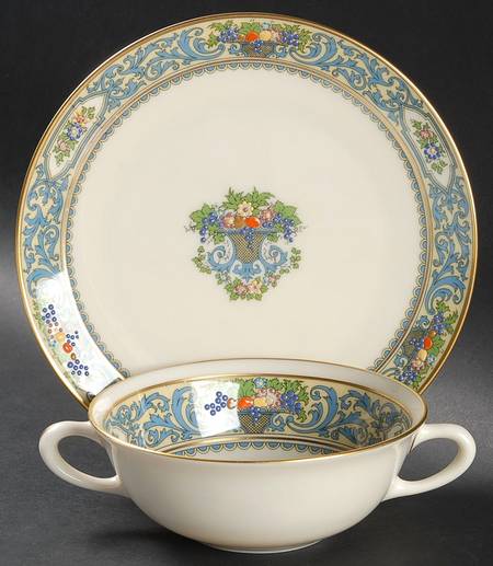 Autumn (Newer, Gold Backstamp) Flat Cream Soup Bowl & Dessert Plate/Saucer Set