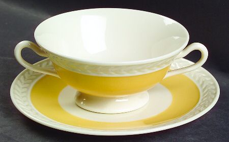 Fontaine Yellow (Embossed White Laurel) Footed Cream Soup Bowl & Saucer Set