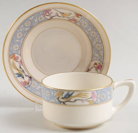 Ming-Birds (Older, Cream, Black Green Stamp) Flat Cup & Saucer Set
