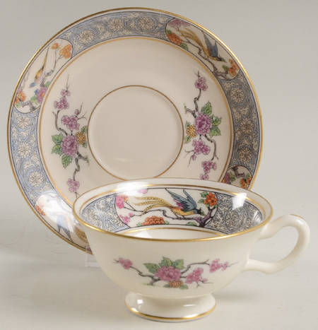 Ming-Birds (Older, Cream, Black Green Stamp) Footed Cup & Saucer Set
