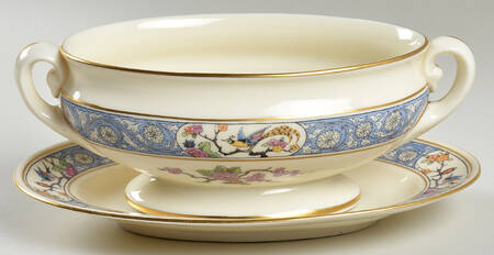 Ming-Birds (Older, Cream, Black Green Stamp) Sauce Boat & Underplate No Lid
