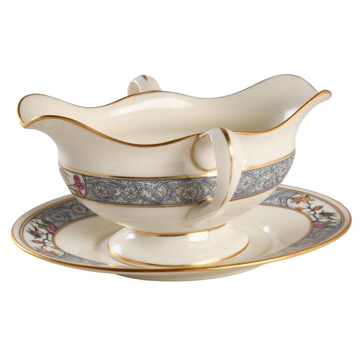 Ming-Birds (Older, Cream, Black Green Stamp) Gravy Boat & Underplate