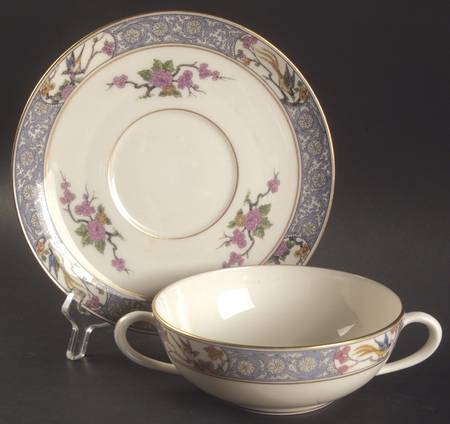 Ming-Birds (Older, Cream, Black Green Stamp) Flat Cream Soup & Saucer Set