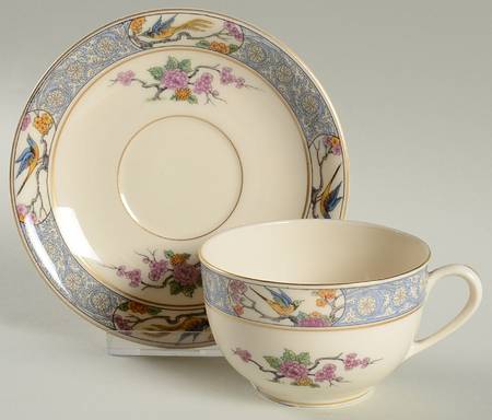 Ming-Birds (Older, Cream, Black Green Stamp) Oversized Cup & Saucer Set