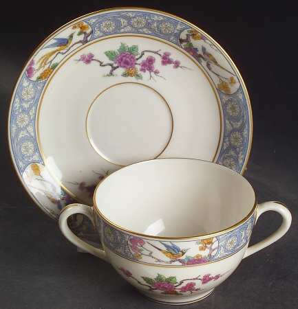 Ming-Birds (Older, Cream, Black Green Stamp) Flat Bouillon Cup & Saucer