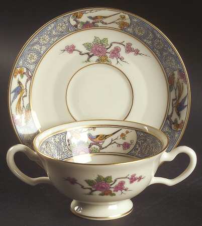 Ming-Birds (Older, Cream, Black Green Stamp) Footed Bouillon Cup & Saucer