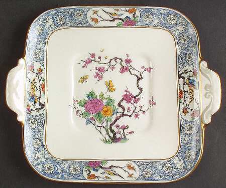 Ming-Birds (Older, Cream, Black Green Stamp) Square Handled Cake Plate