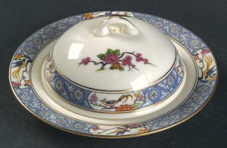 Ming-Birds (Older, Cream, Black Green Stamp) Round Covered Butter