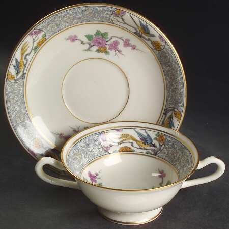 Ming-Birds (Older, Cream, Black Green Stamp) Footed Bouillon Cup & Saucer