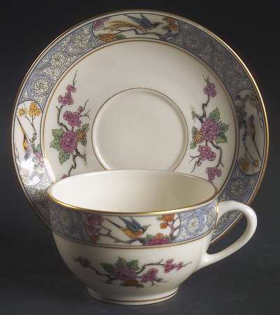 Ming-Birds (Older, Cream, Black Green Stamp) Flat Cup & Saucer Set