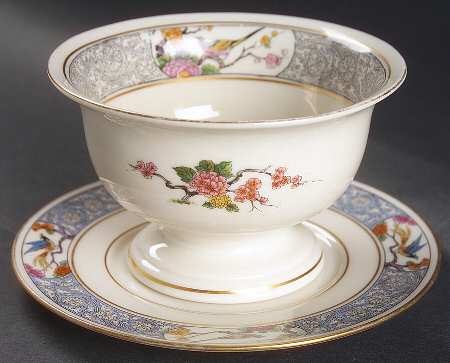 Ming-Birds (Older, Cream, Black Green Stamp) Mayonnaise Bowl & Underplate