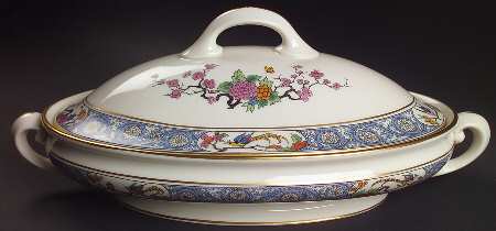 Ming-Birds (Older, Cream, Black Green Stamp) Oval Covered Vegetable