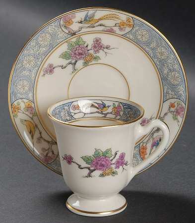 Ming-Birds (Older, Cream, Black Green Stamp) Footed Demitasse Cup & Saucer Set