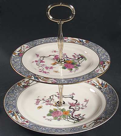 Ming-Birds (Older, Cream, Black Green Stamp) 6 5/8"-10"  2 Tiered Serving Tray (Dp, Sp) HC