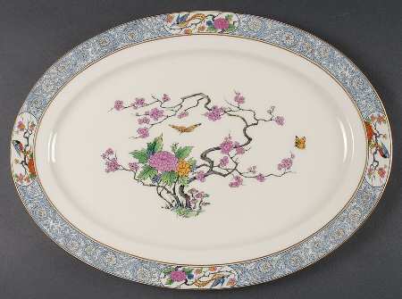 Ming-Birds (Older, Cream, Black Green Stamp) 16" Oval Serving Platter