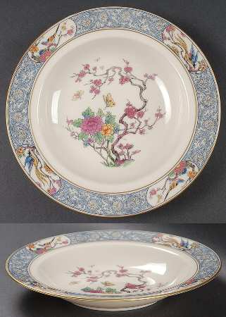 Ming-Birds (Older, Cream, Black Green Stamp) Rim Soup Bowl