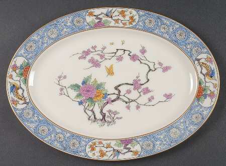 Ming-Birds (Older, Cream, Black Green Stamp) 11" Oval Serving Platter