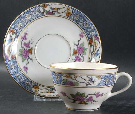 Ming-Birds (Older, Cream, Black Green Stamp) Flat Cup & Saucer Set