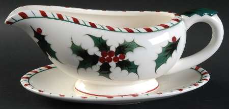 Holly Candy Cane Gravy Boat with Attached Underplate
