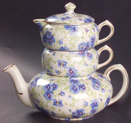 Pansy Mini Tea Pot, Creamer, Sugar Stacking Set