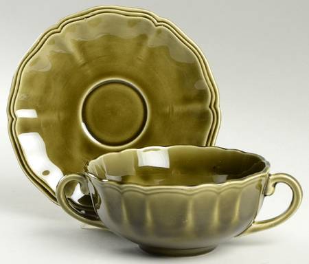 Louis XV Green Flat Cream Soup Bowl & Saucer Set by Luneville