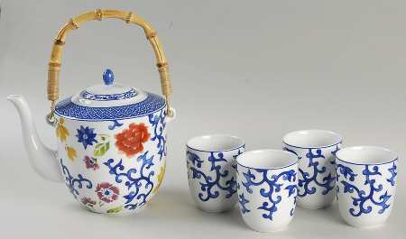 Mandarin Blue 6 Pc Tea Set (Teapot w/Top Handle & 4 No Hdl Cups)
