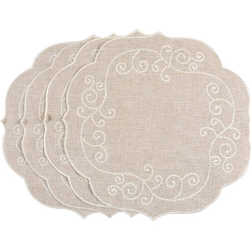 French Perle White Round Fabric Placemat - Set of 4