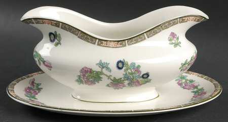 Indian Tree (Green Trim) Gravy Boat with Attached Underplate by John Maddock & Sons