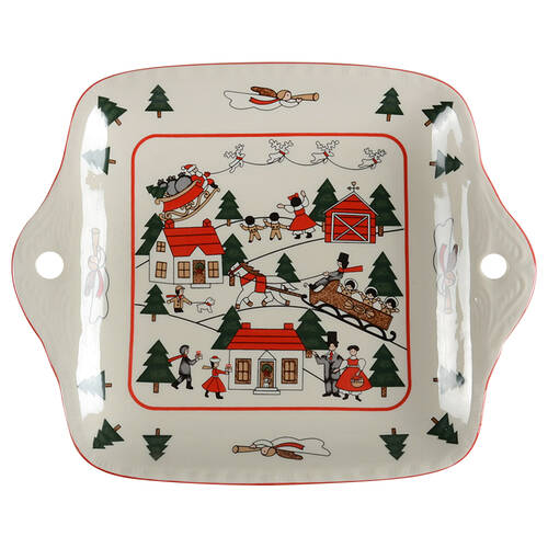 Christmas Village Square Handled Cake Plate