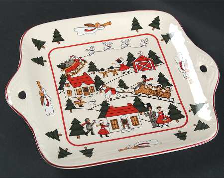 Christmas Village Square Handled Cake Plate