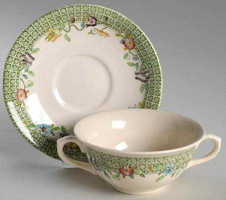 English Country Garden Green Mltclr Footed Cream Soup Bowl & Saucer Set